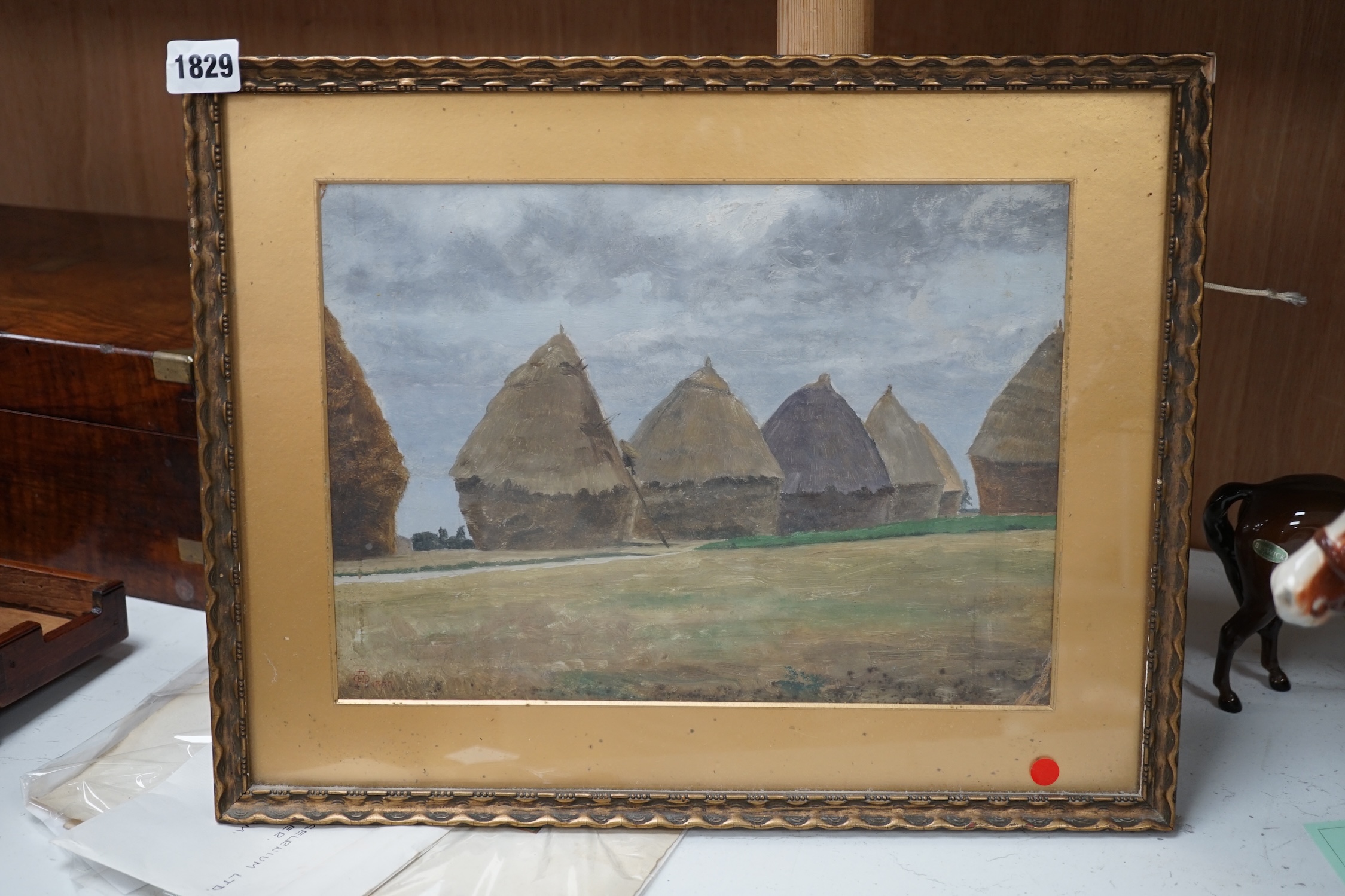 Charles des Anges, oil, Haystacks, signed with monogram and dated 1890, indistinct ink inscription verso, 23 x 32cm. Condition - fair